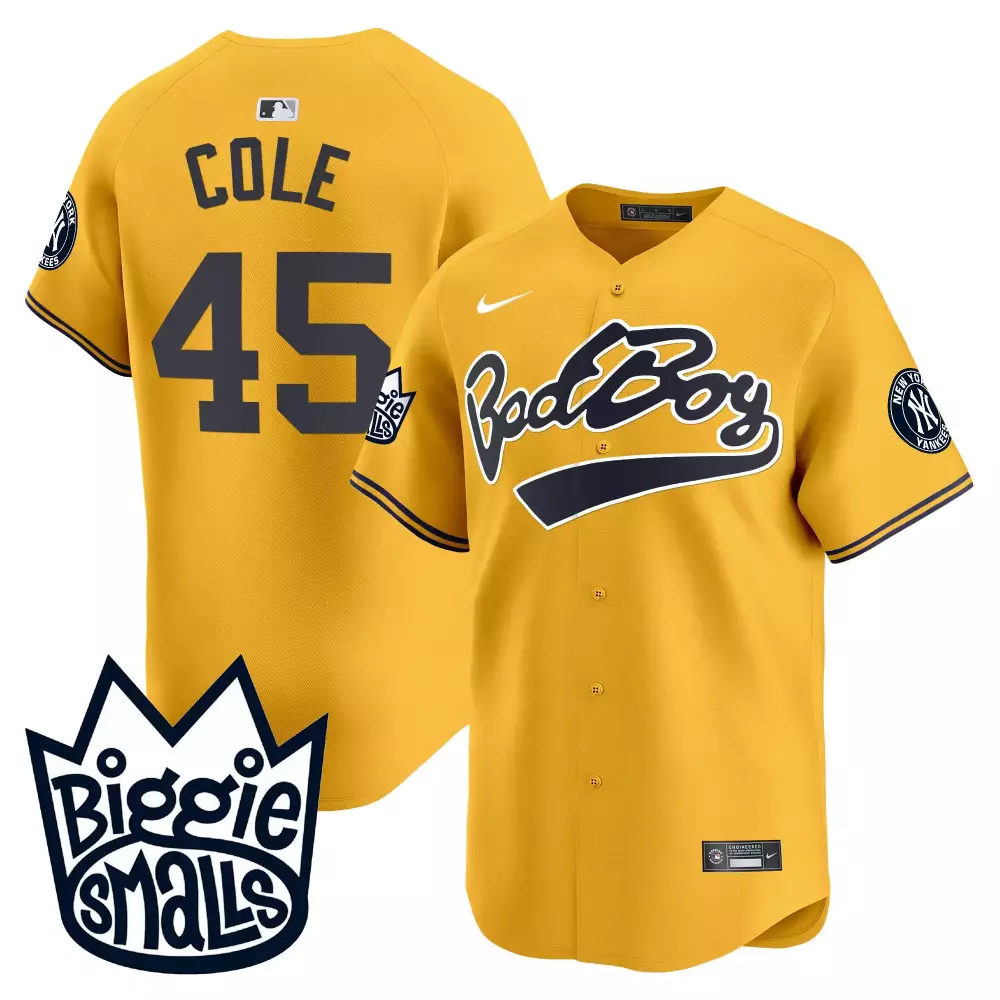 Gerrit Cole Gold Men's Yankees Biggie Smalls Vapor Premier Jersey | Limited Edition Stitched Fan Gear | For Men, Women & Youth