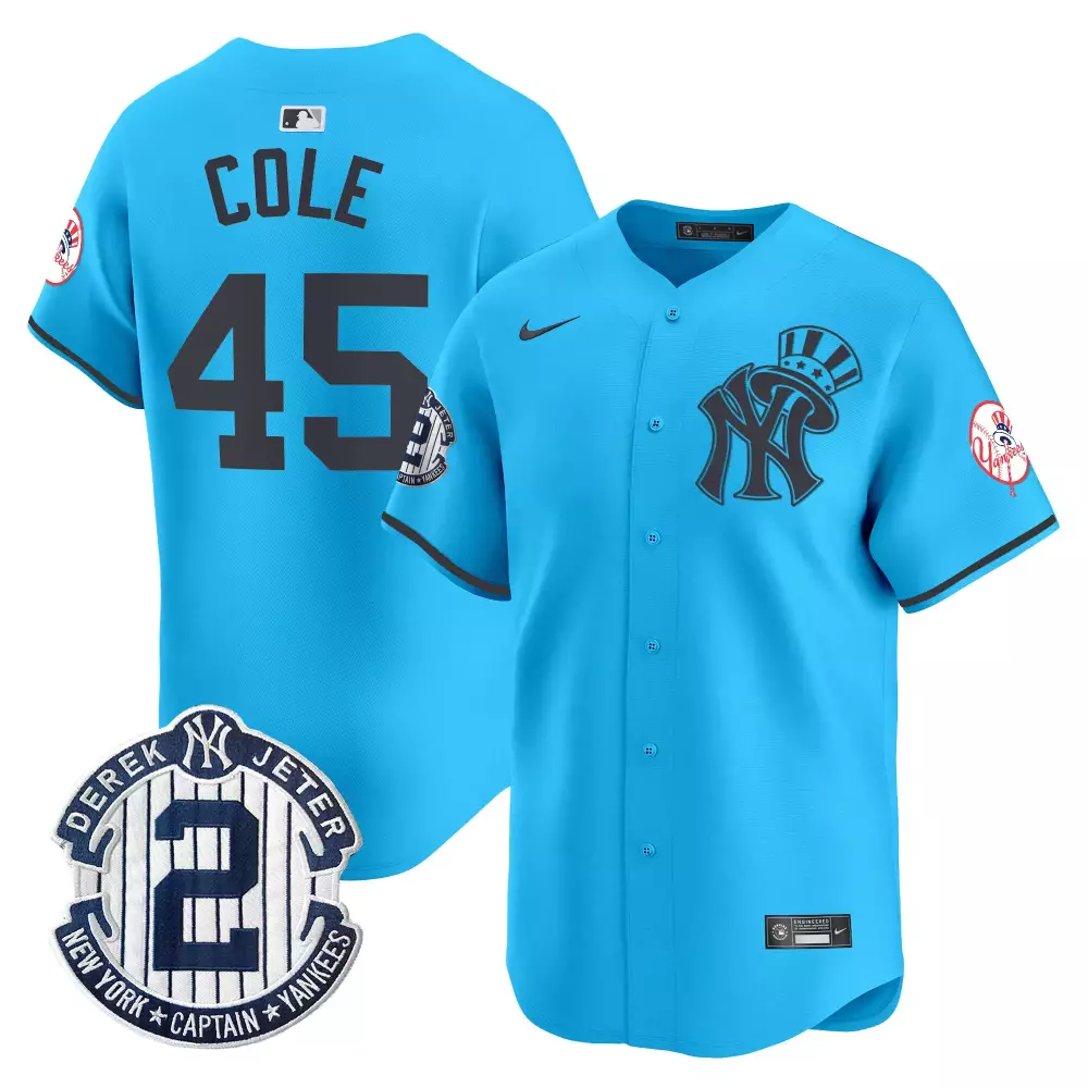 Gerrit Cole Light Blue Yankees Jersey V2 | Derek Jeter Patch Vapor Premier Limited Edition | Fan Gear for Men, Women & Youth