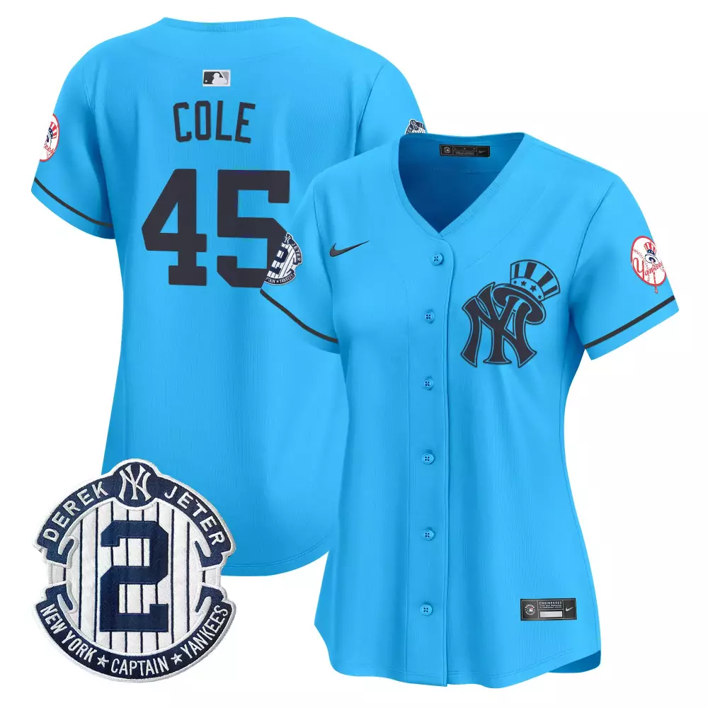 Gerrit Cole Light Blue Yankees Derek Jeter Patch Jersey | Women's Vapor Premier Limited Edition | All Stitched Fan Gear | For Men, Women & Youth