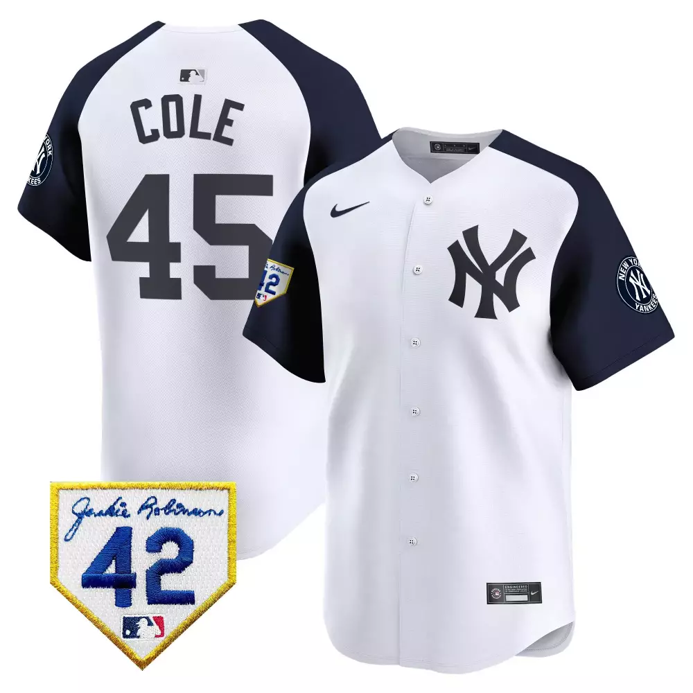 Gerrit Cole Yankees 2024 Jackie Robinson Patch Vapor Premier Limited Jersey | White Alternate Stitched Style | Fan Gear for Men, Women & Youth