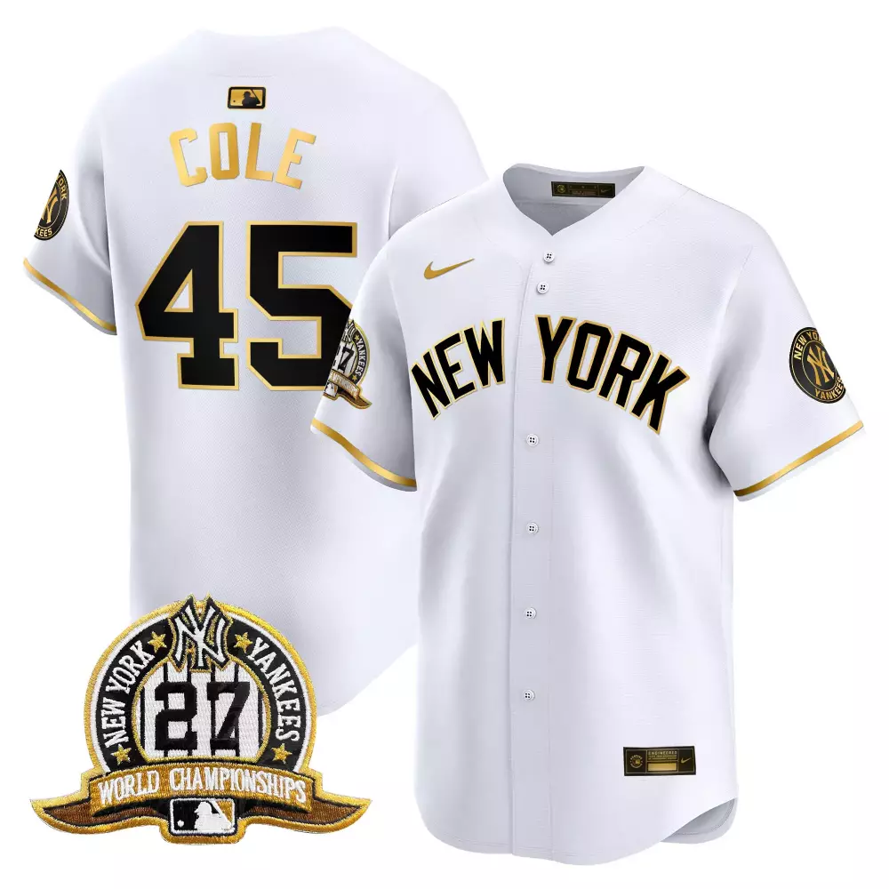 Gerrit Cole Yankees 27 Time Champions Jersey | White Gold Vapor Premier Limited Edition V2 | Fan Gear for Men, Women & Youth