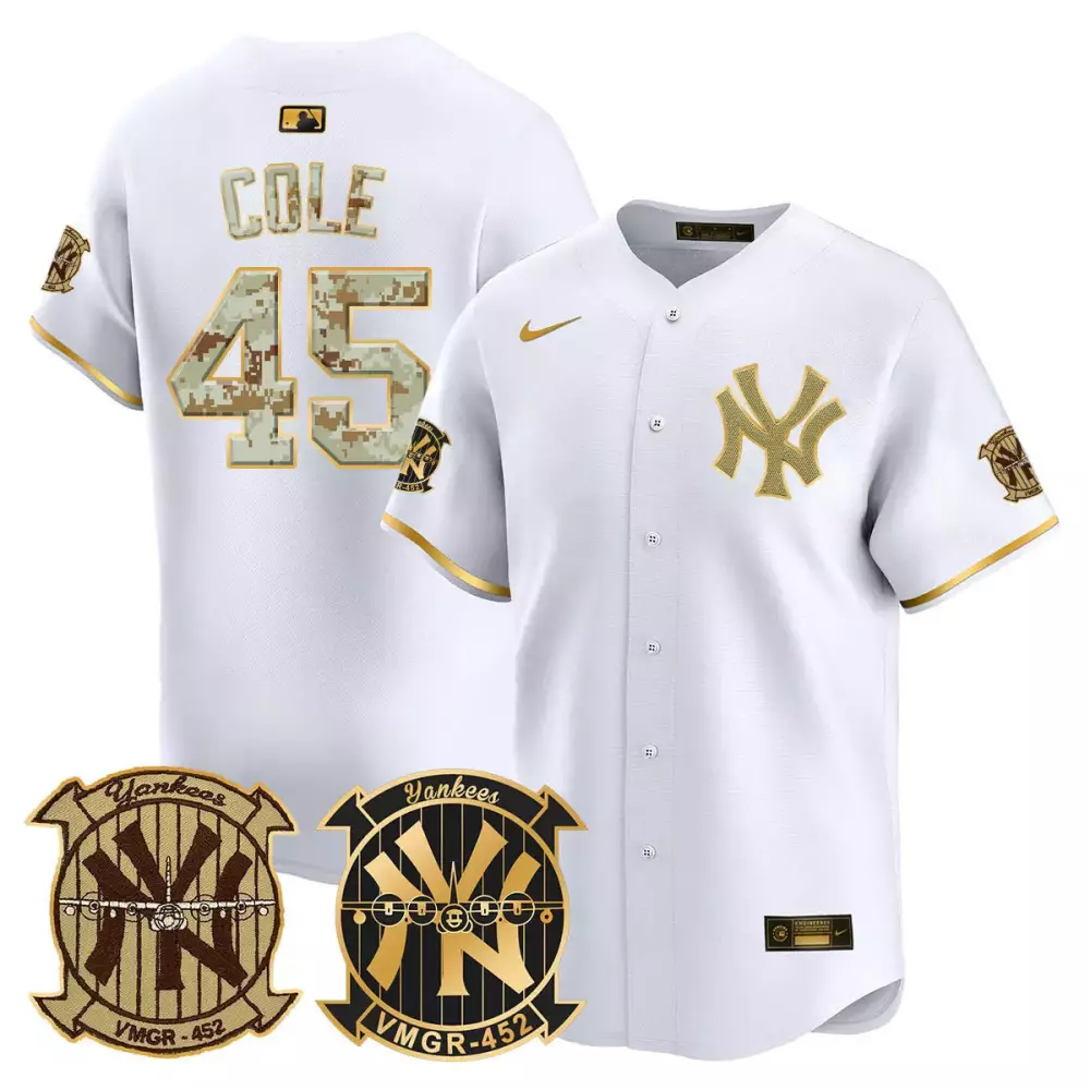 Gerrit Cole Yankees Derek Jeter Patch Jersey V2 | White Gold Vapor Premier Limited Edition | Fan Gear for Men, Women & Youth