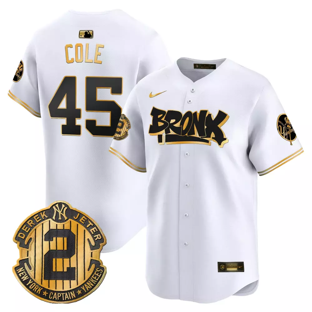 Gerrit Cole Yankees The Bronx Graffiti Jersey | White Gold Vapor Premier Limited Edition V6 | Fan Gear for Men, Women & Youth