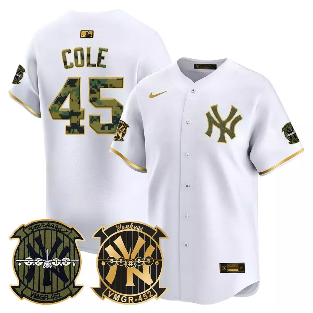 Gerrit Cole Yankees Woodland USMC Alternate Jersey | White Gold Vapor Premier Limited Edition | Fan Gear for Men, Women & Youth