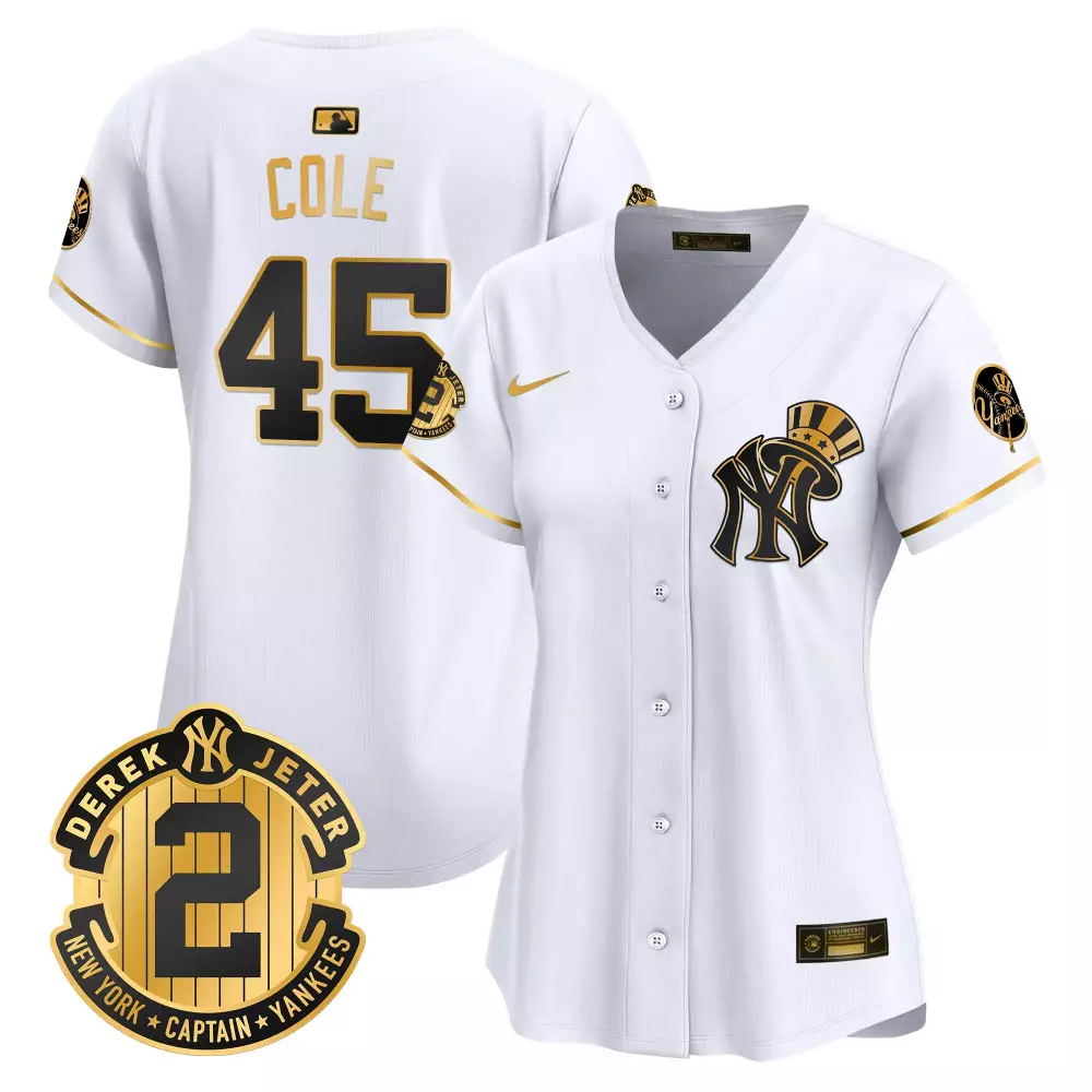 Gerrit Cole Yankees Derek Jeter Patch Jersey V2 | White Gold Vapor Premier Limited Edition | Fan Gear for Men, Women & Youth