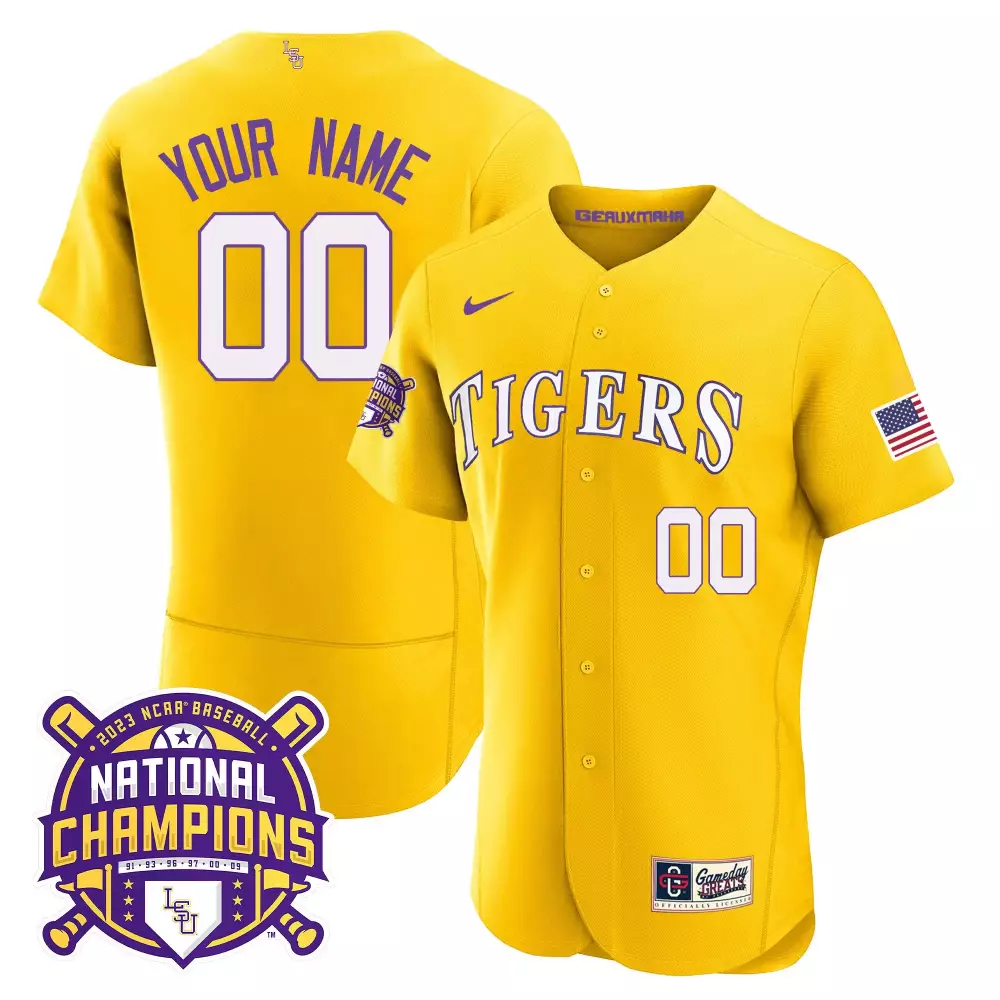 gold men lsu tigers 2023 national champions gold cool custom jersey v2 all stitched