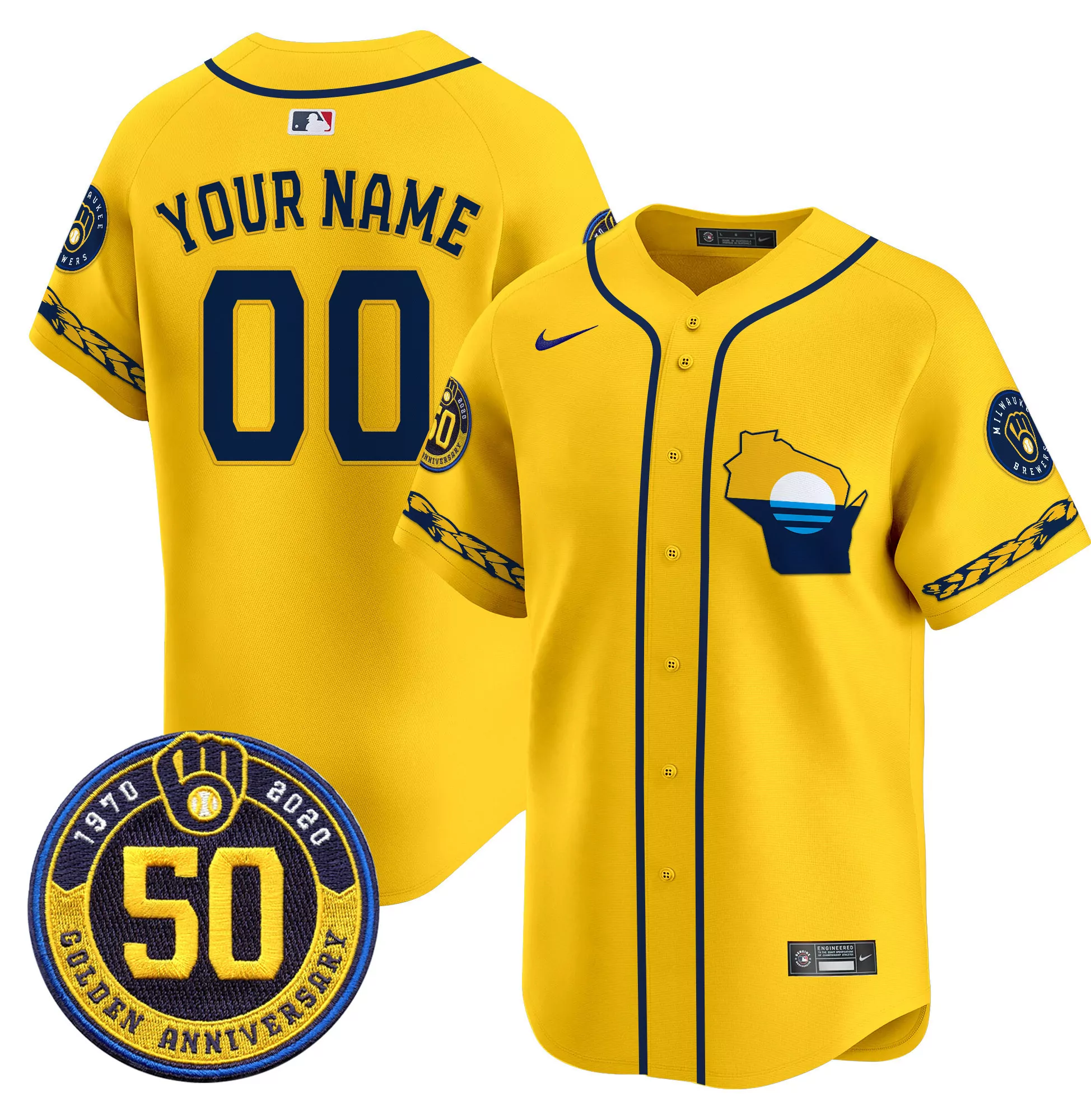 gold men milwaukee brewers golden 50th anniversary patch vapor premier limited custom jersey all stitched