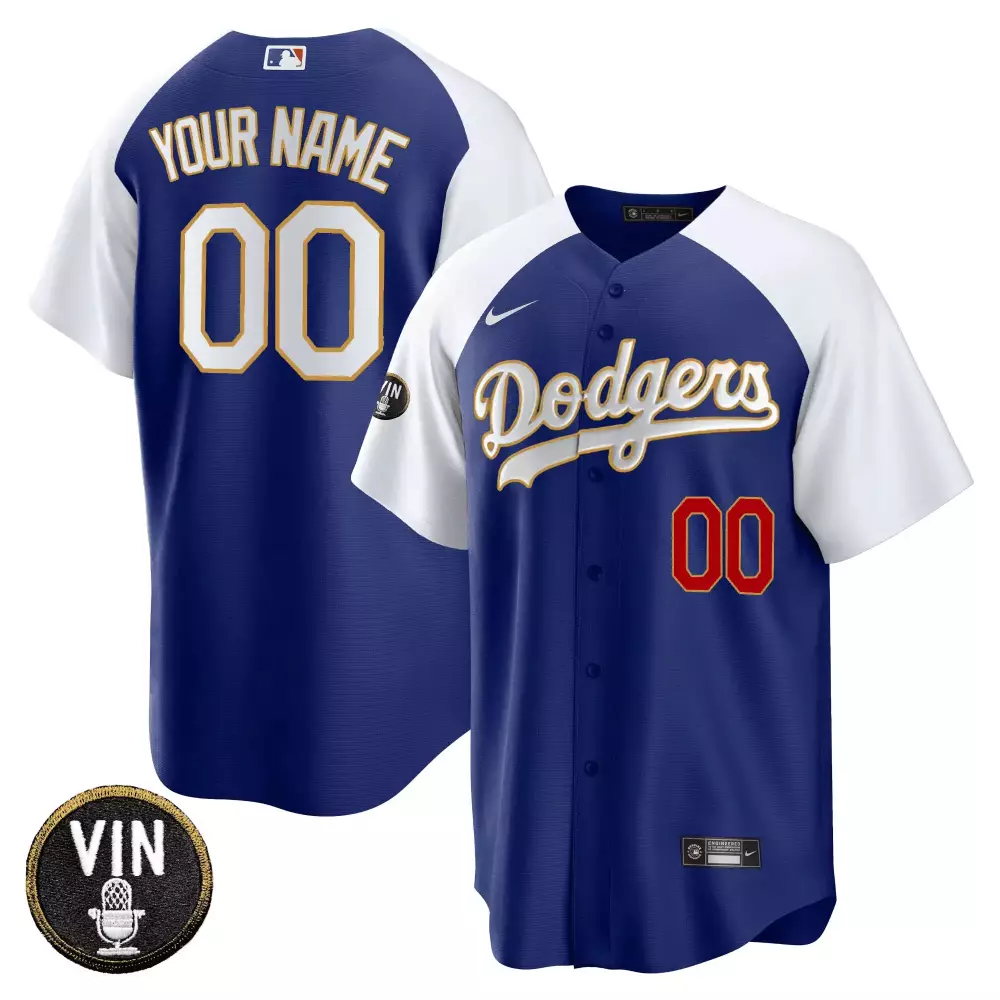 Vin Scully Patch Custom Jersey | Gold Royal Los Angeles Dodgers | Youth Fan Gear | For Men, Women & Youth