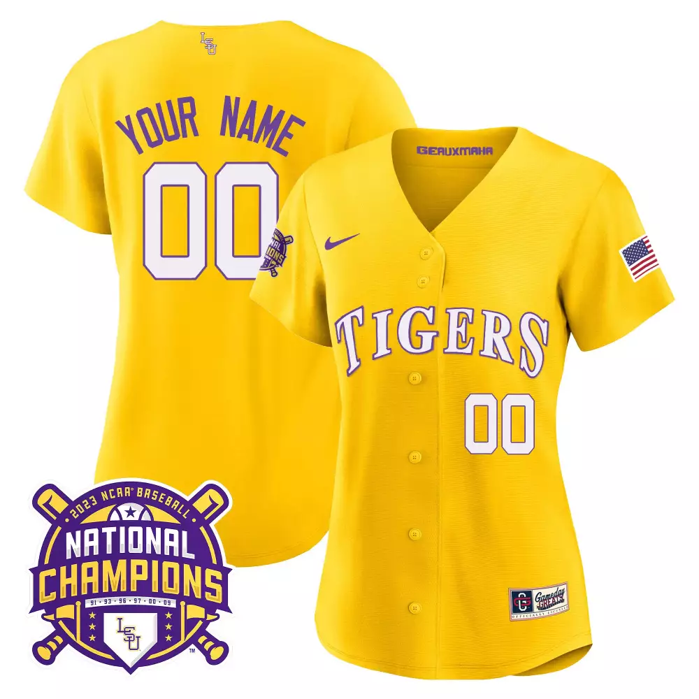 gold women lsu tigers 2023 national champions gold cool custom jersey v2 all stitched