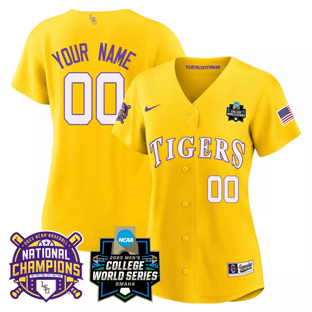 gold women lsu tigers 2023 national champions gold cool custom jersey v2 all stitched