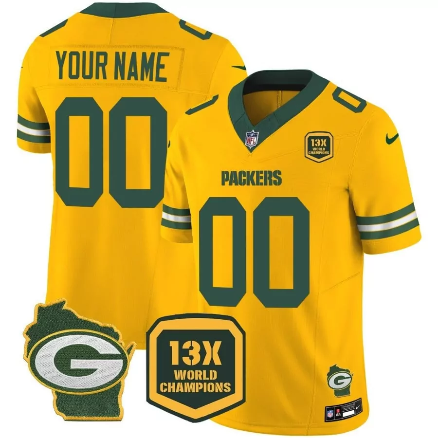 gold youth green bay packers 13 time world champions home patch vapor custom jersey all stitched