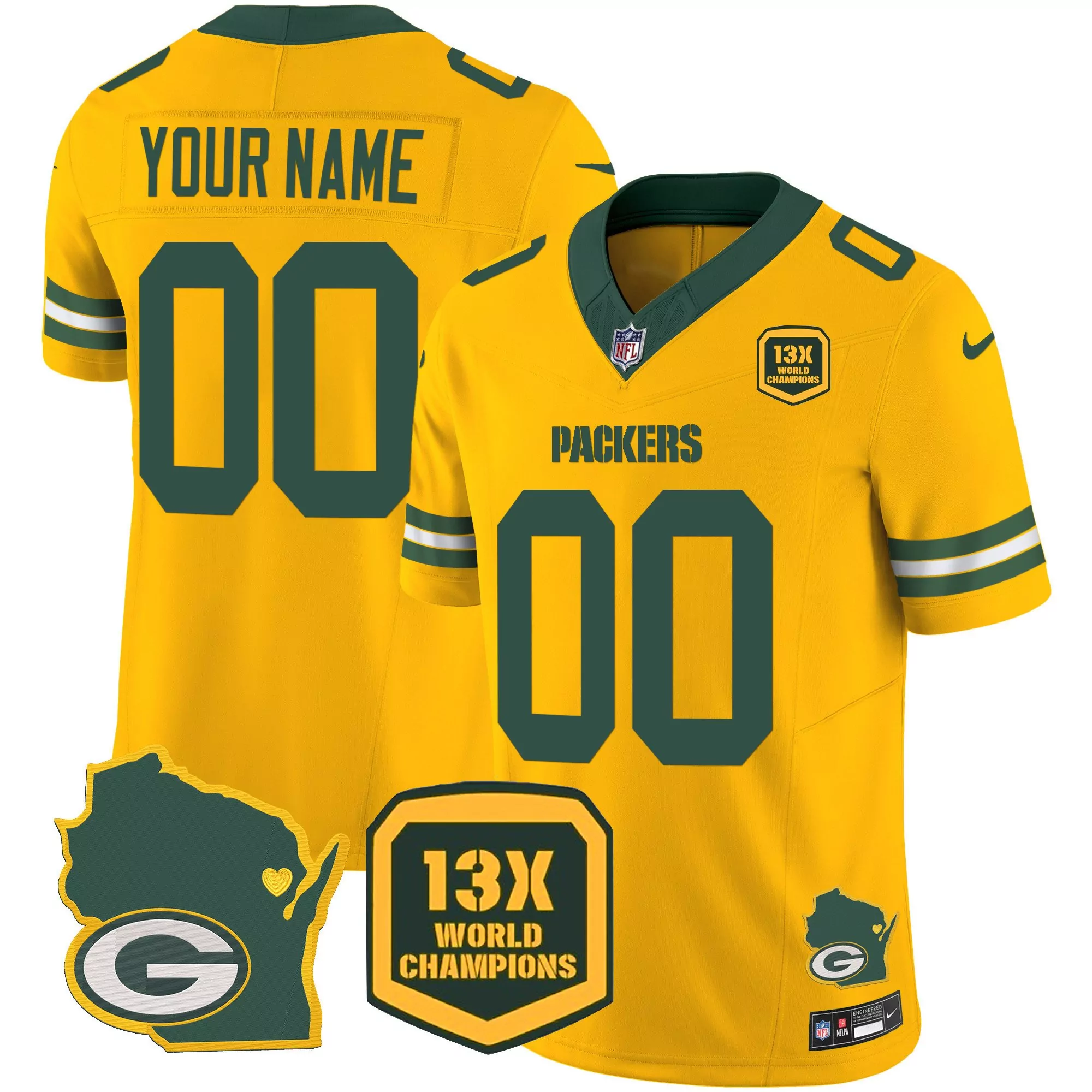 gold youth green bay packers 13 time world champions home patch vapor custom jersey all stitched