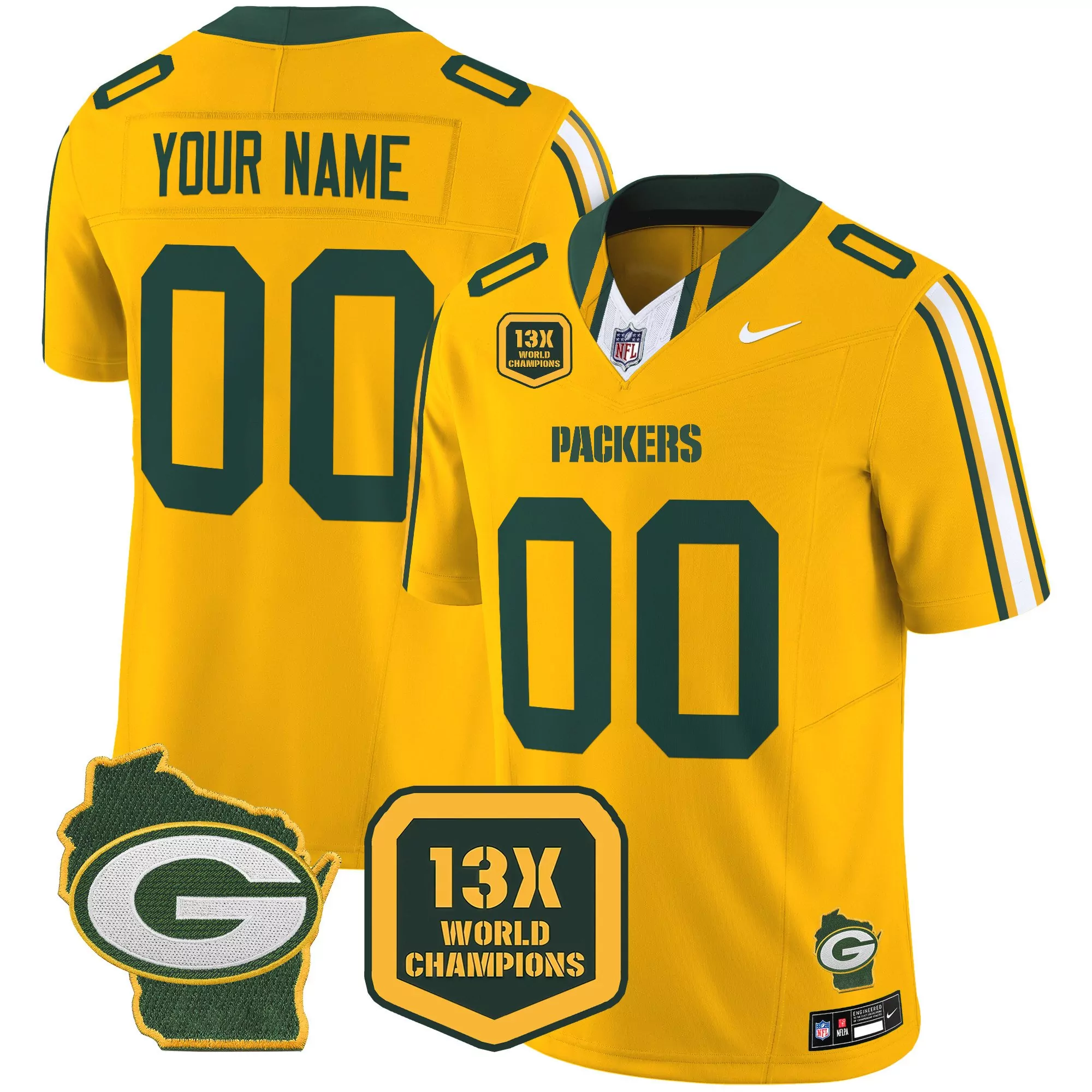 gold youth green bay packers 13 time world champions home patch vapor custom jersey all stitched