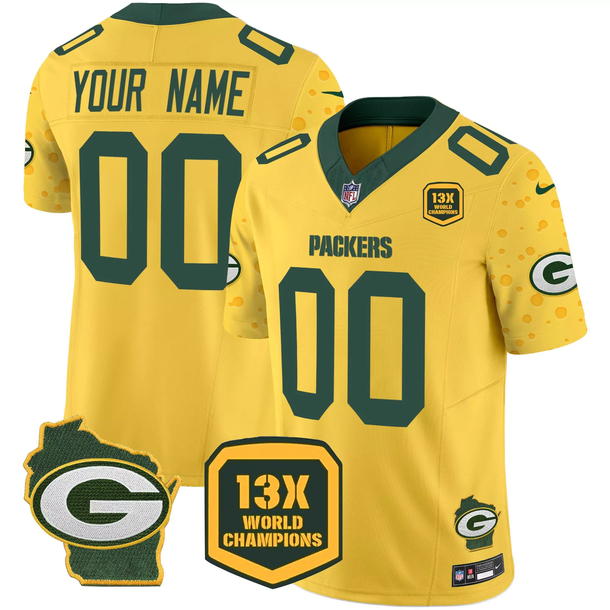 gold youth green bay packers 13 time world champions home patch vapor custom jersey all stitched