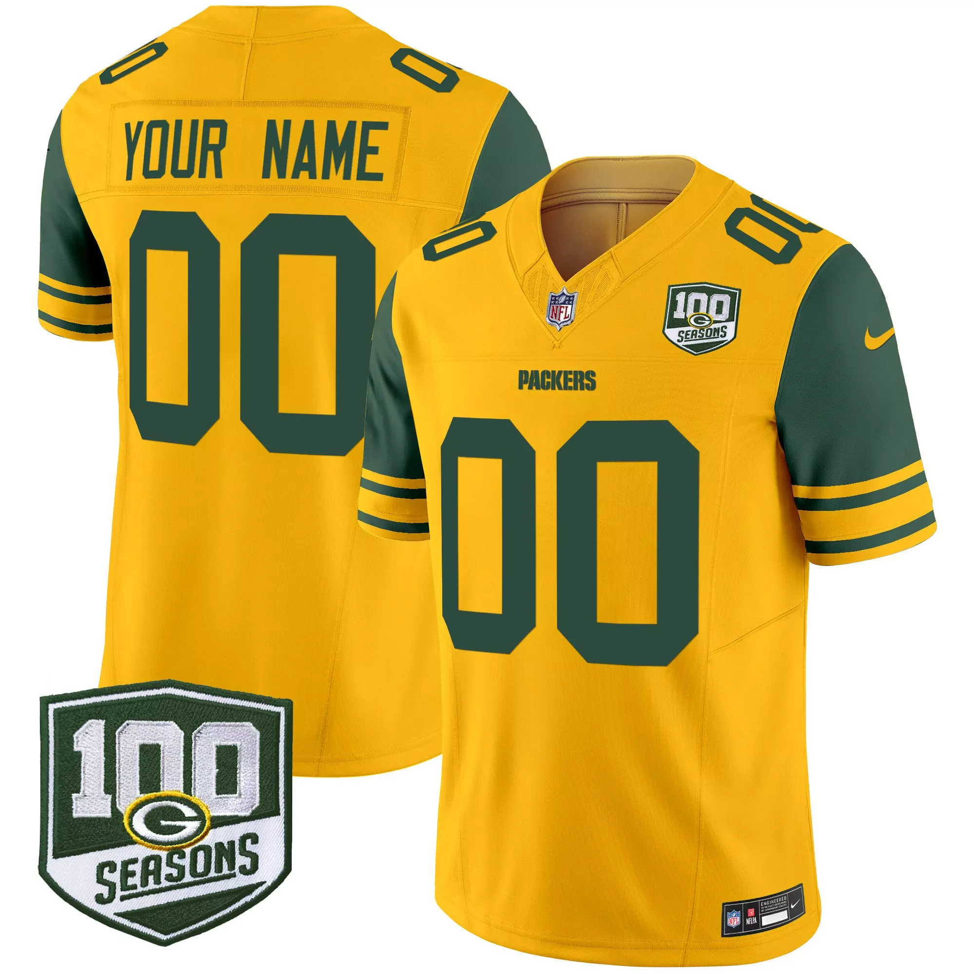 gold youth green bay packers throwback 100th season patch vapor limited custom jersey all stitched