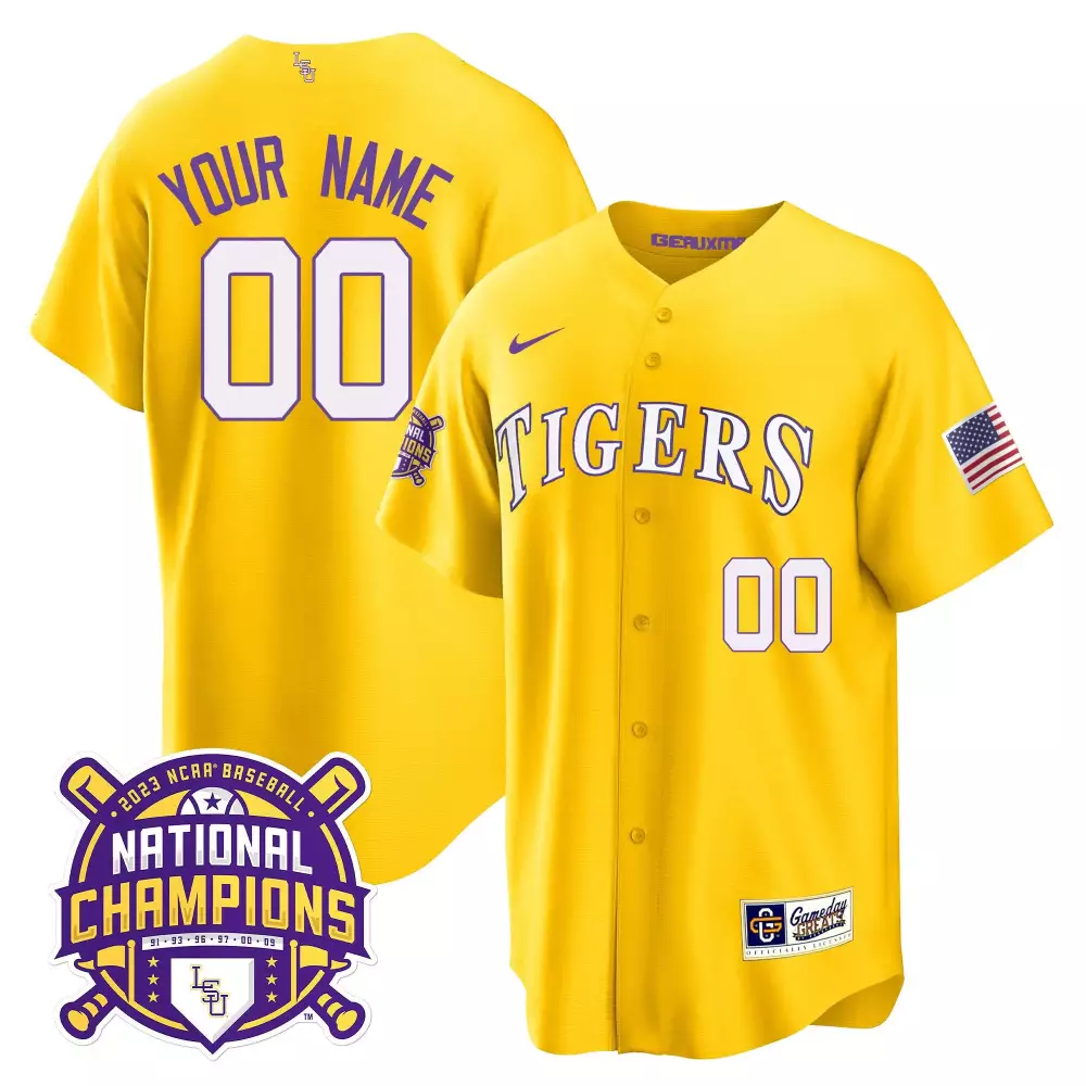 gold youth lsu tigers 2023 national champions gold cool custom jersey v2 all stitched