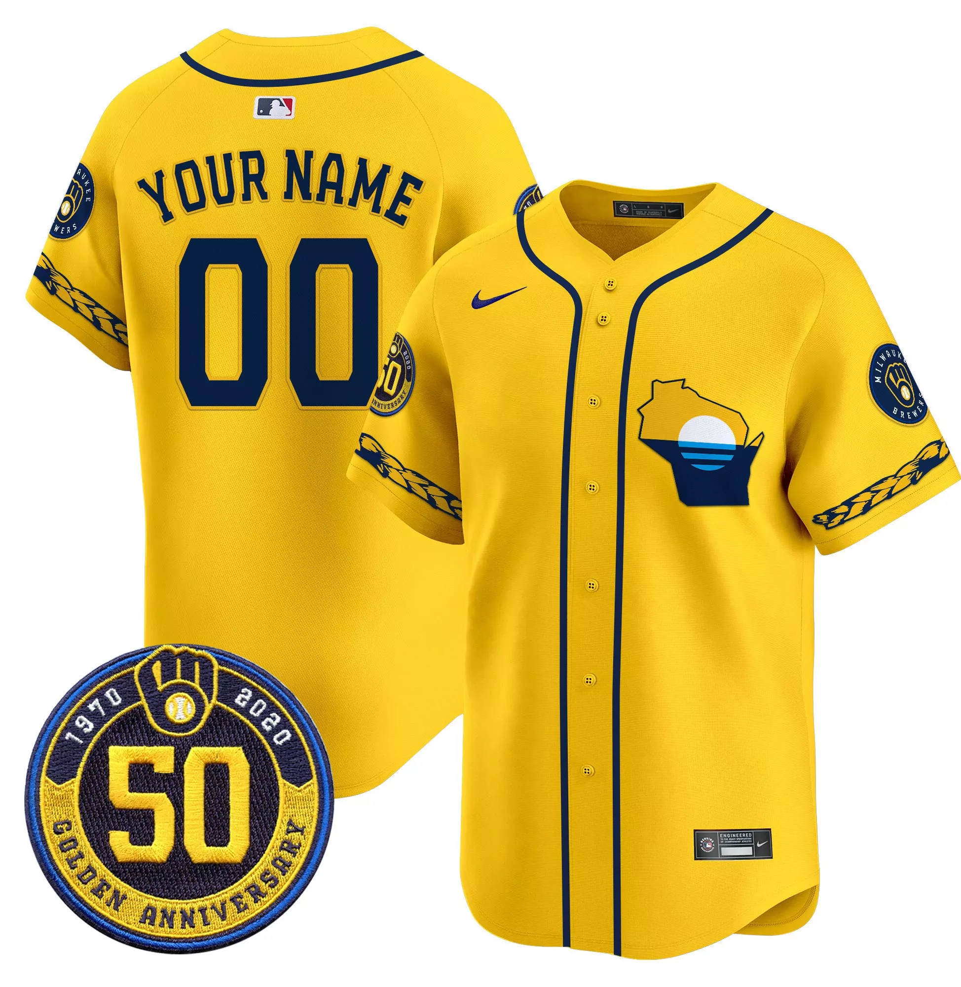 gold men milwaukee brewers golden 50th anniversary patch vapor premier limited custom jersey all stitched
