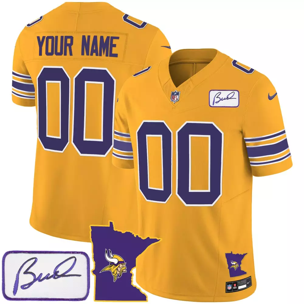gold youth minnesota vikings bud grant patch classic limited custom jersey v2 all stitched