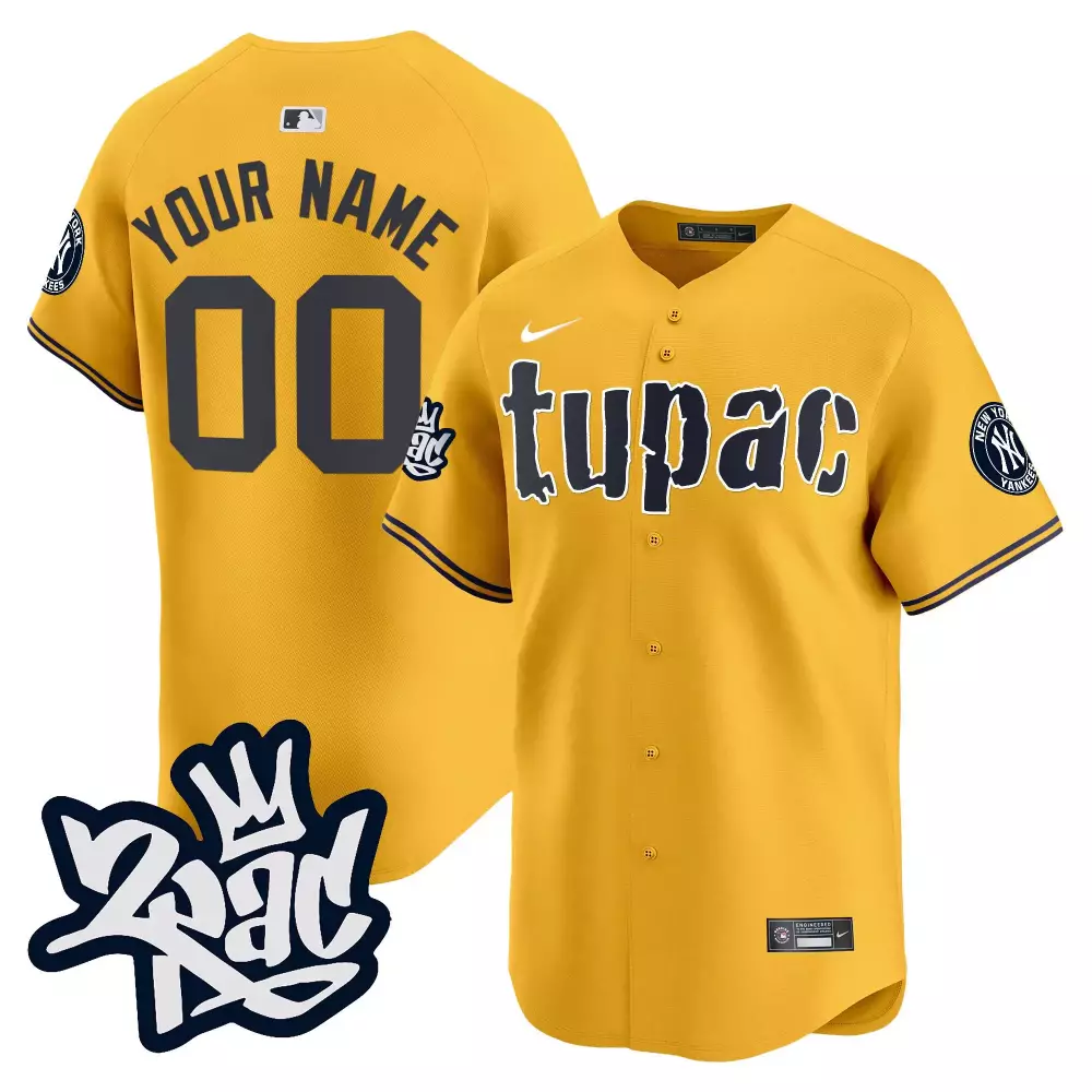 Tupac Shakur Gold New York Yankees Vapor Premier Limited Jersey | All Stitched | For Men