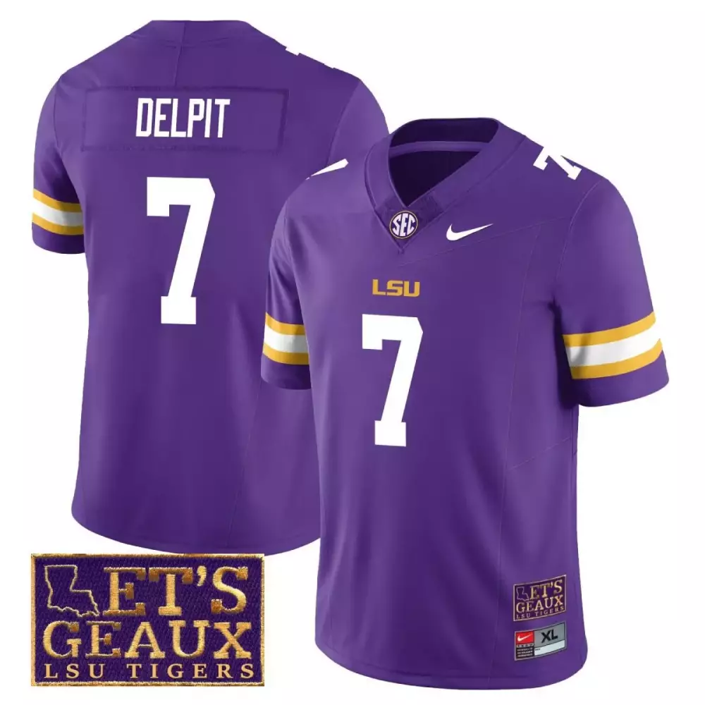 grant delpit purple mens lsu tigers 2023 football lets geaux patch jersey all stitched