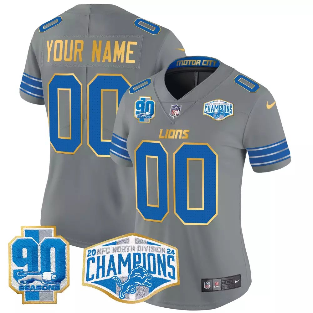 2024 NFC North Division Champions Patch Game Custom Jersey | Gray Stitched for Detroit Lions | For Youth, Men & Women