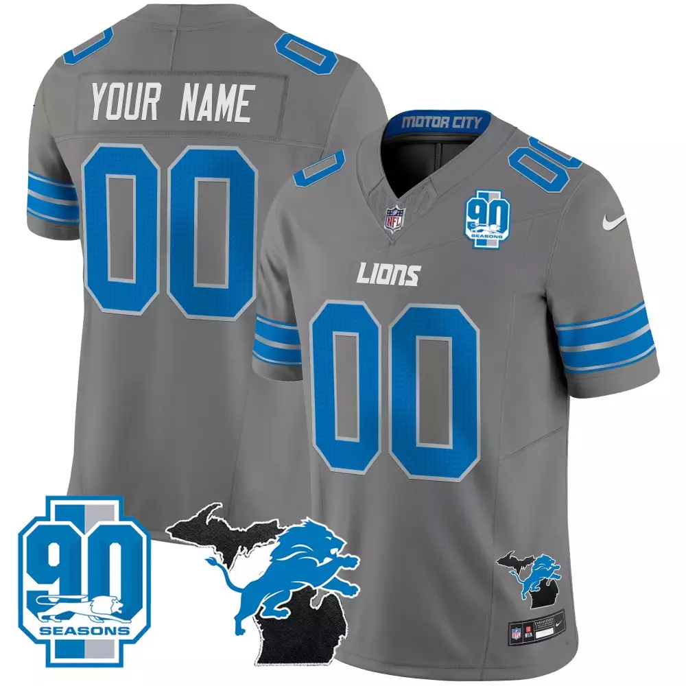 2024 Michigan 90th Year Patch Vapor Custom Jersey | Gray Stitched for Detroit Lions | For Youth, Men & Women