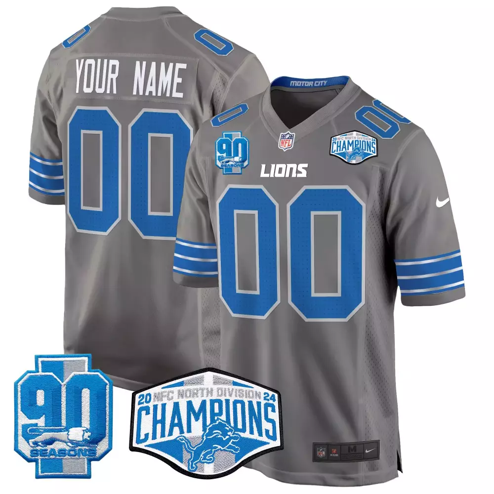 2024 NFC North Division Champions Patch Game Custom Jersey | Gray Stitched for Detroit Lions | For Youth, Men & Women