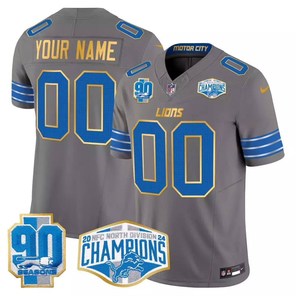2024 NFC North Division Champions Patch Game Custom Jersey | Gray Stitched for Detroit Lions | For Youth, Men & Women