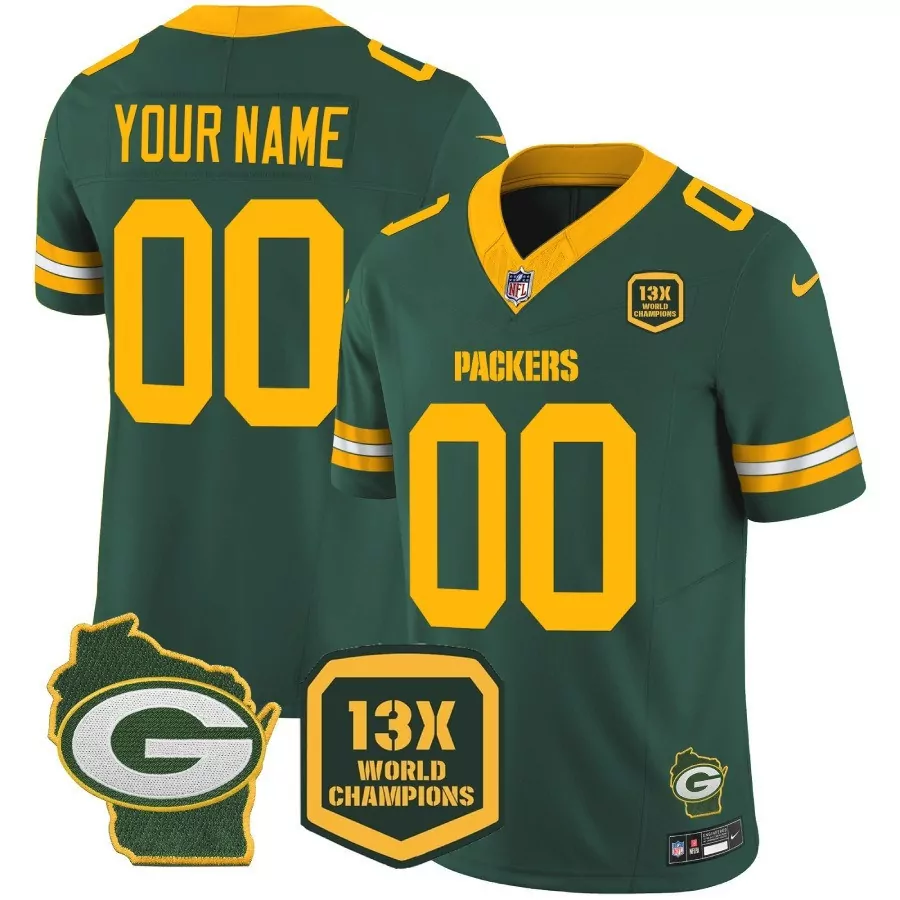 green men green bay packers 13 time world champions home patch vapor custom jersey all stitched