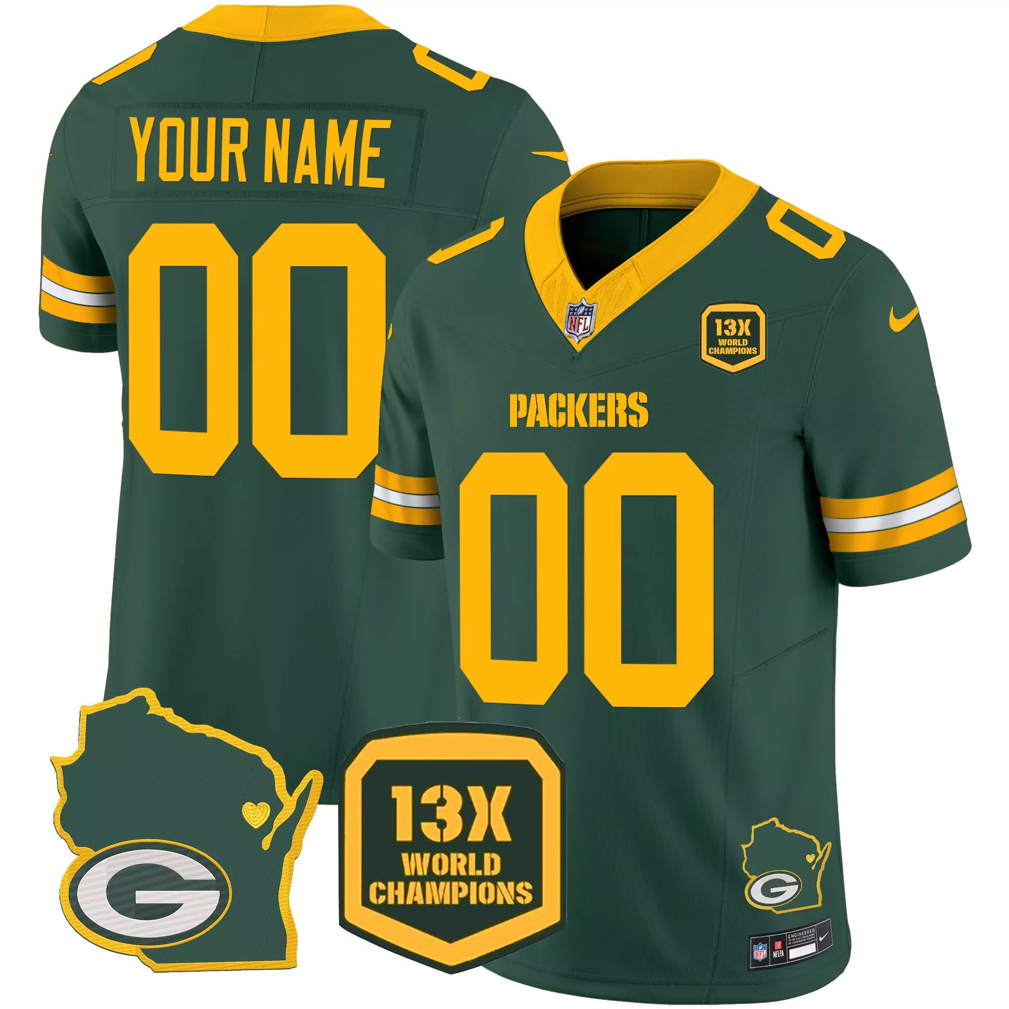 green men green bay packers 13 time world champions home patch vapor custom jersey all stitched
