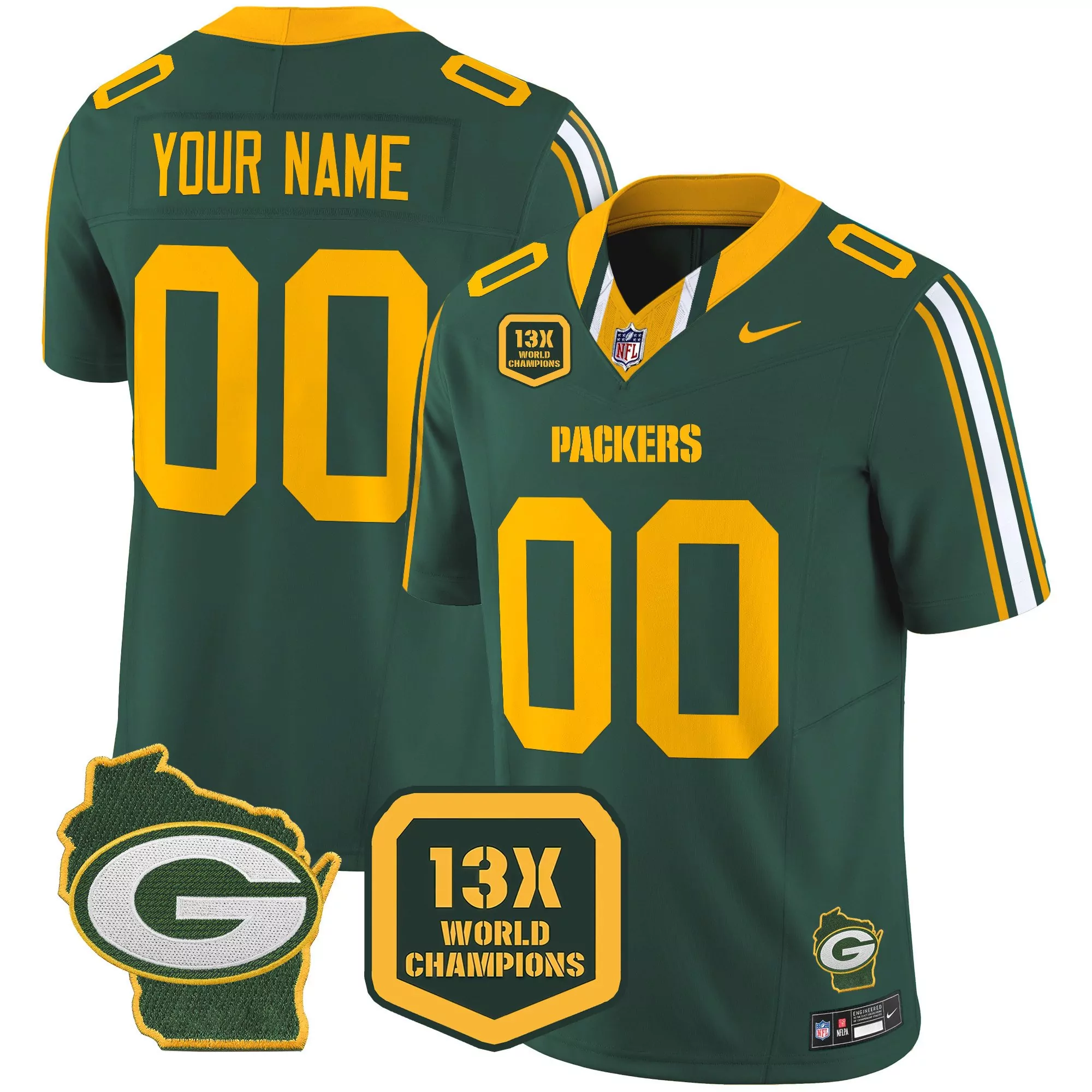 green men green bay packers 13 time world champions home patch vapor custom jersey all stitched