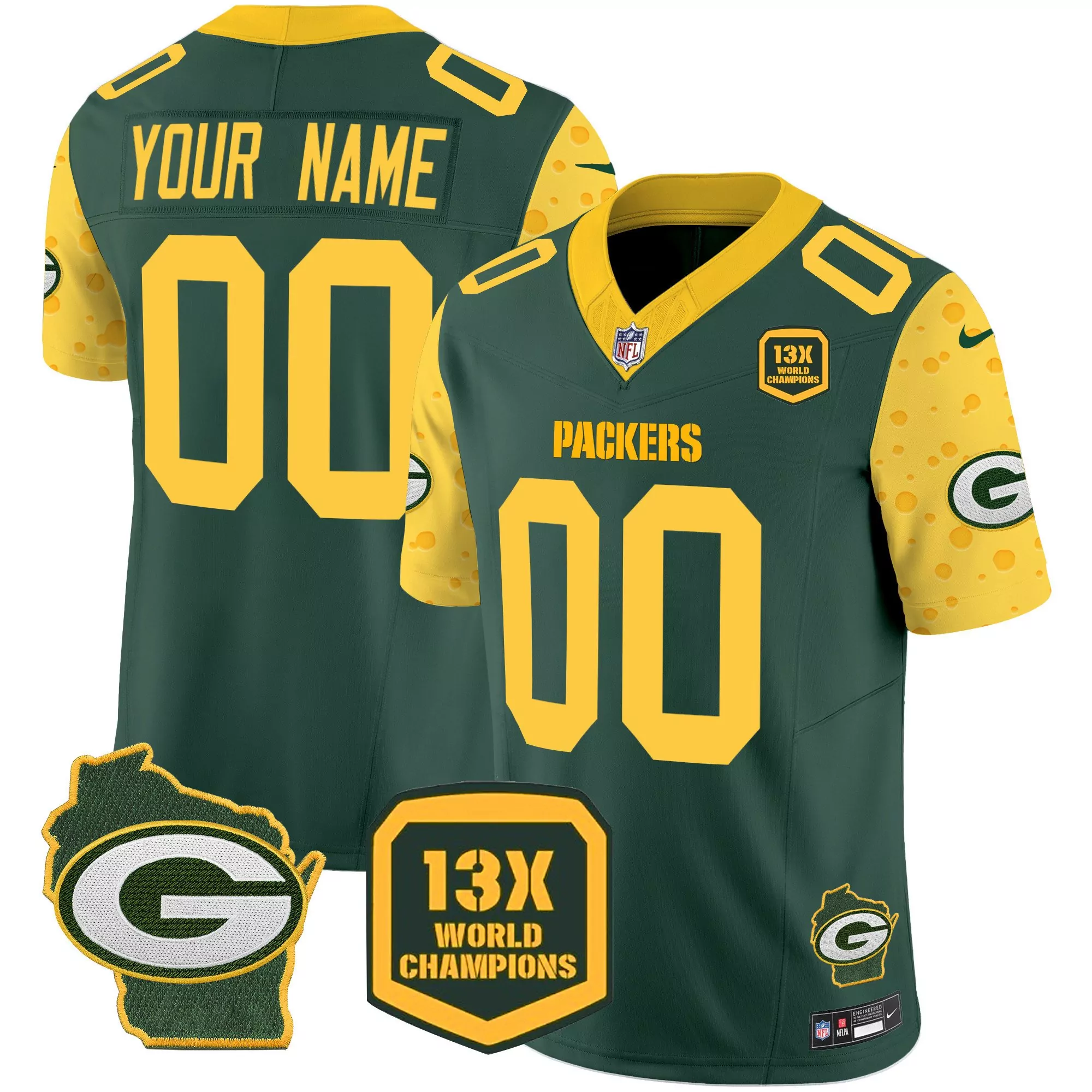 green men green bay packers 13 time world champions home patch vapor custom jersey all stitched
