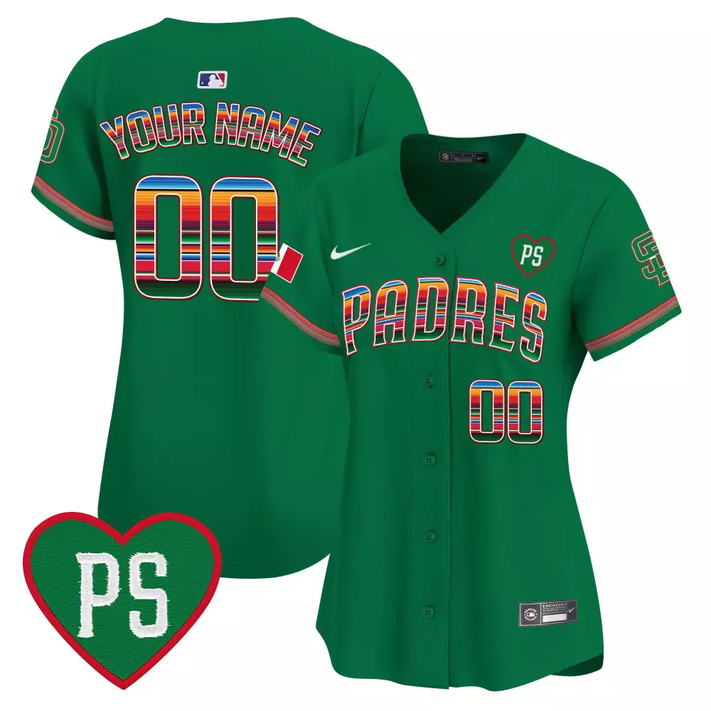San Diego Padres Women's Green Mexico For Peter Patch Vapor Premier Limited Jersey | Custom Stitched | Fan Gear for Men, Women & Youth