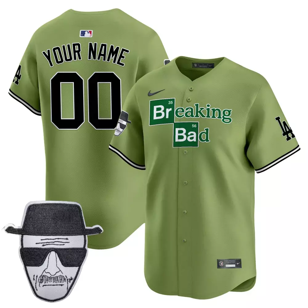 Youth Dodgers Breaking Bad Walter White Patch Premier Limited Custom Jersey | Green | Fan Gear for Men, Women & Youth