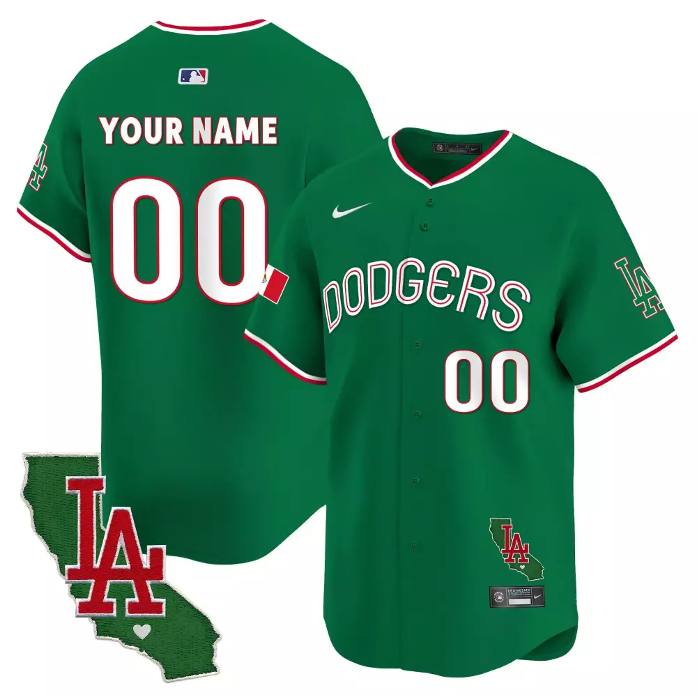 Youth Dodgers Mexico California Patch Premier Limited Custom Jersey V3 | Green | Fan Gear for Men, Women & Youth