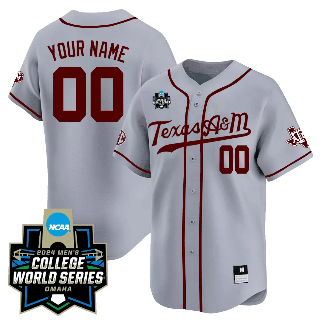 grey alternate youth texas am aggies 2024 college world series patch vapor premier limited custom jersey all stitched