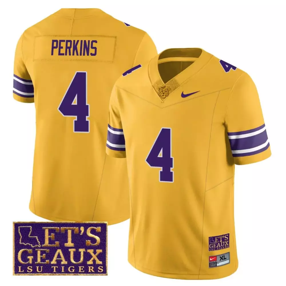 harold perkins yellow mens lsu tigers 2023 football lets geaux patch jersey all stitched