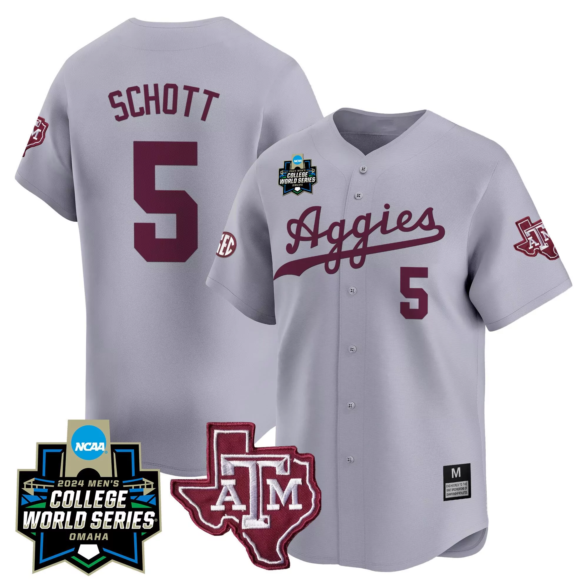 grey alternate youth texas am aggies 2024 college world series patch vapor premier limited custom jersey all stitched
