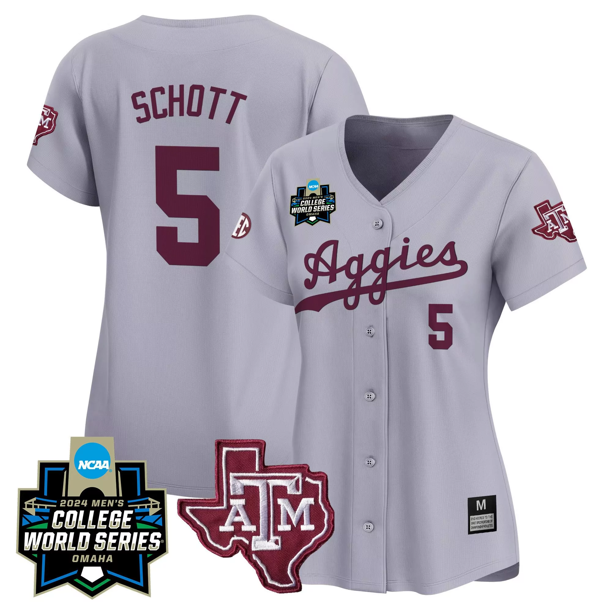 grey alternate youth texas am aggies 2024 college world series patch vapor premier limited custom jersey all stitched