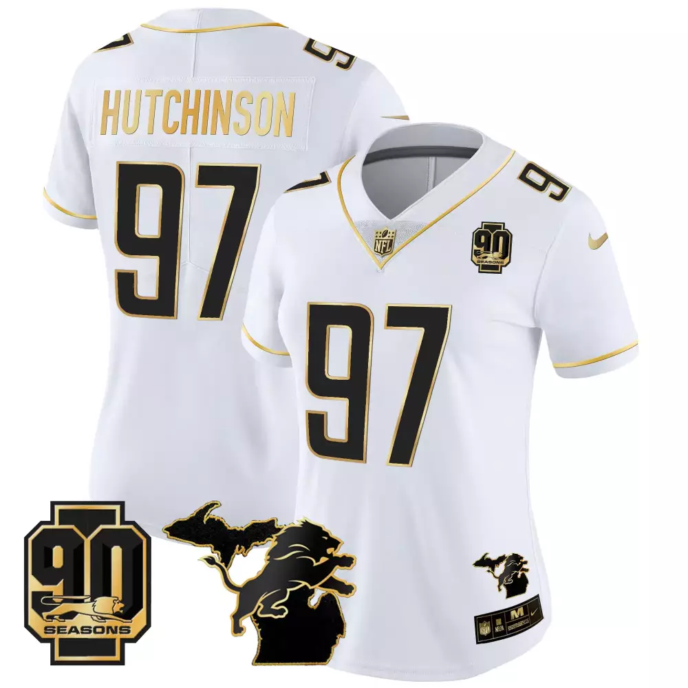 Aidan Hutchinson 90th Year Michigan Patch Jersey | White Gold Vapor Stitched | Limited Edition Fan Gear | For Men, Women & Youth