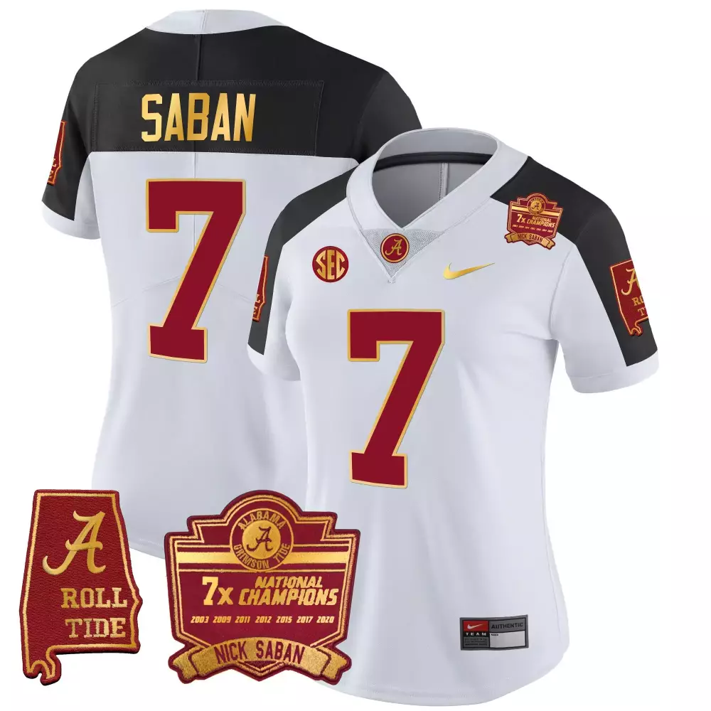 inverted women 7 nick saban alabama crimson tide 7x champions patch gold trim jersey all stitched