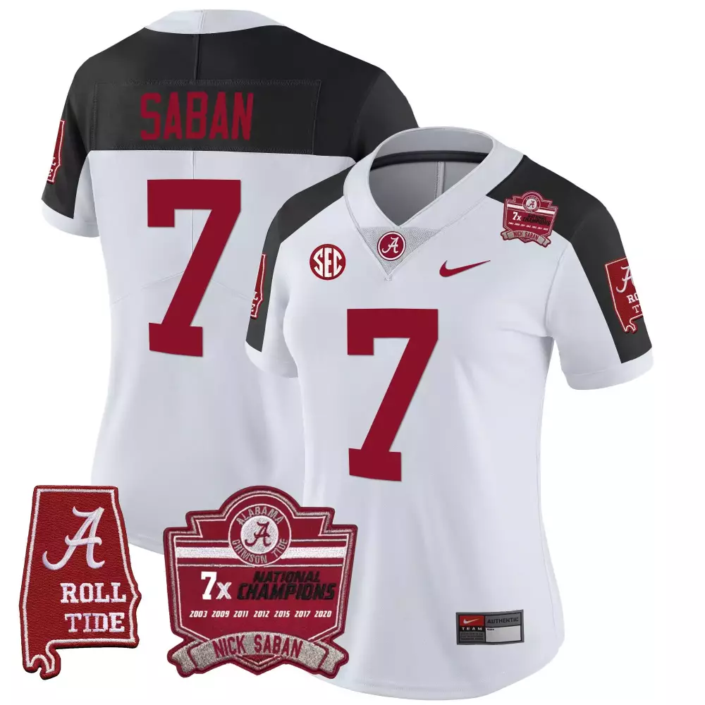 inverted women 7 nick saban alabama crimson tide 7x champions patch gold trim jersey all stitched