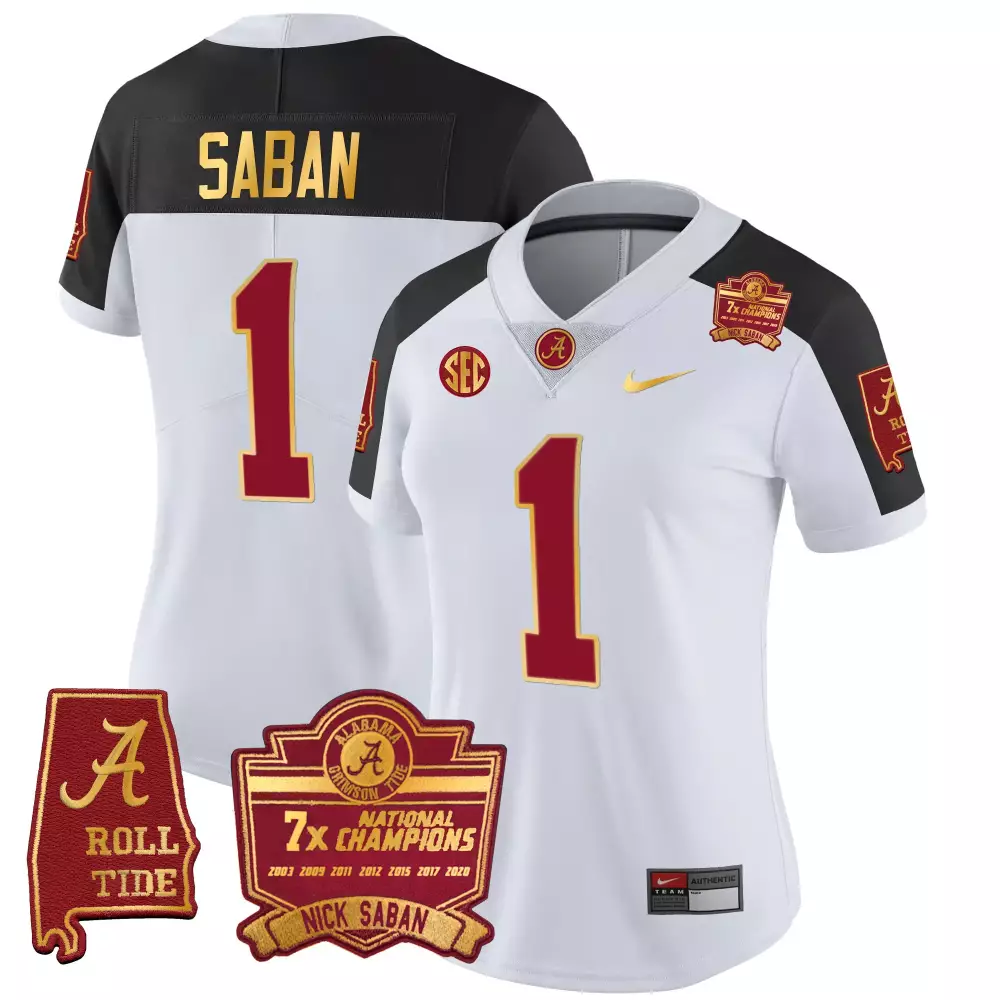 inverted women nick saban alabama crimson tide 7 champions gold trim vapor jersey all stitched