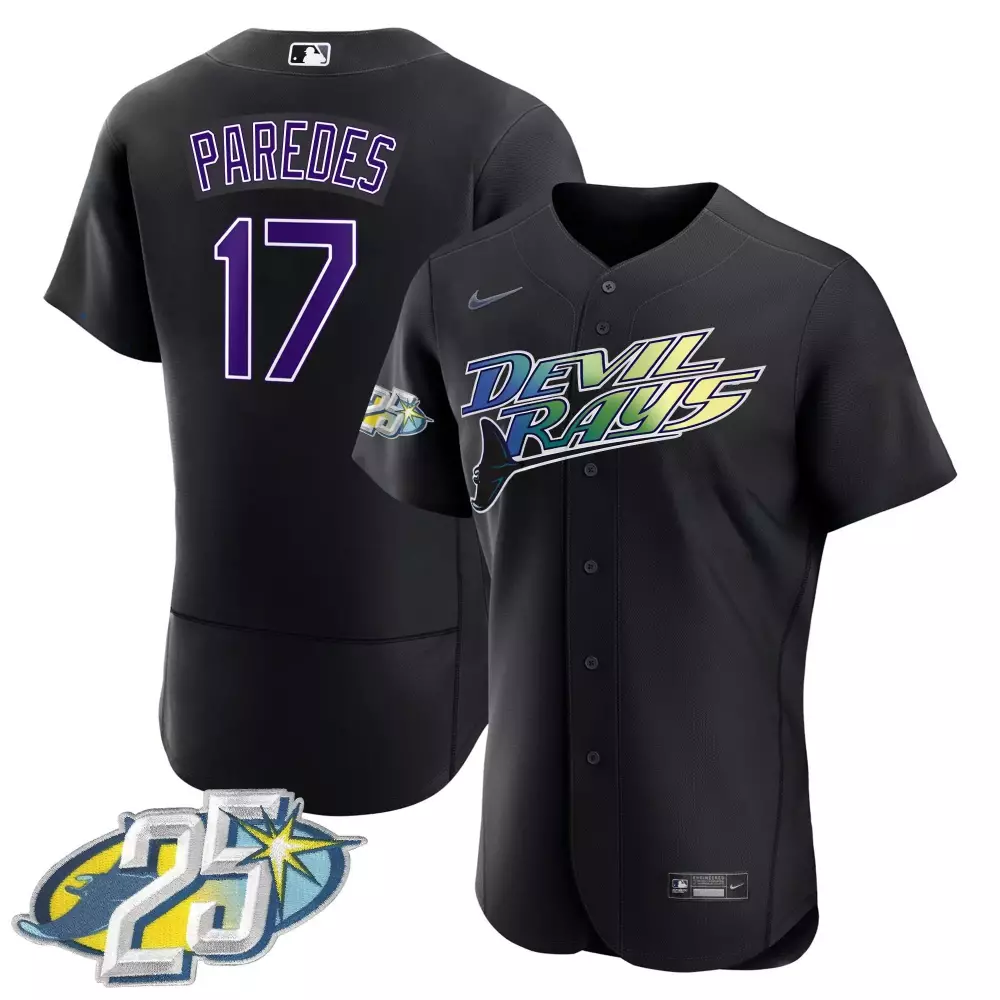 isaac paredes black mens tampa bay rays 25th anniversary patch flex base jersey all stitched