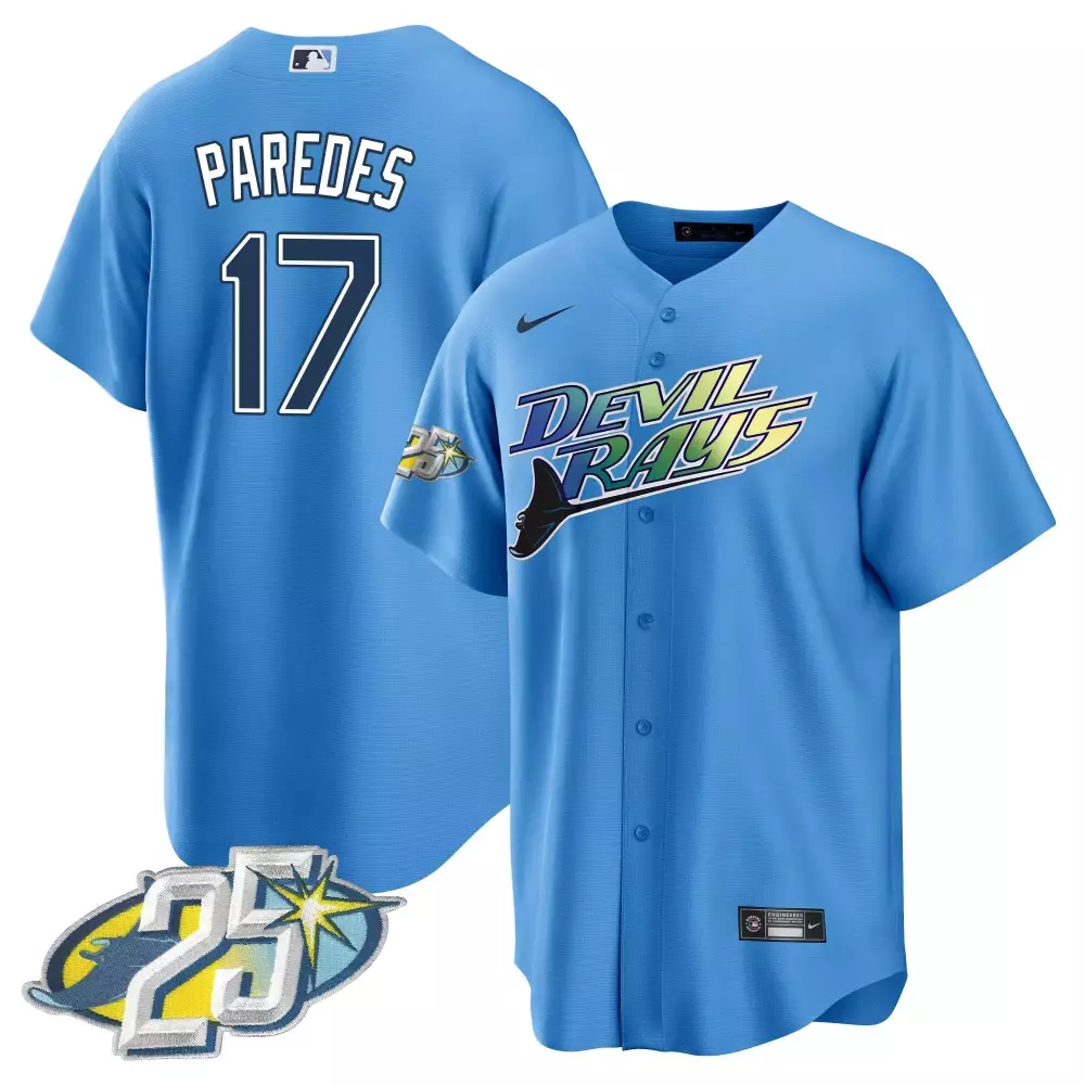 isaac paredes light blue mens tampa bay rays 25th anniversary patch cool base jersey all stitched