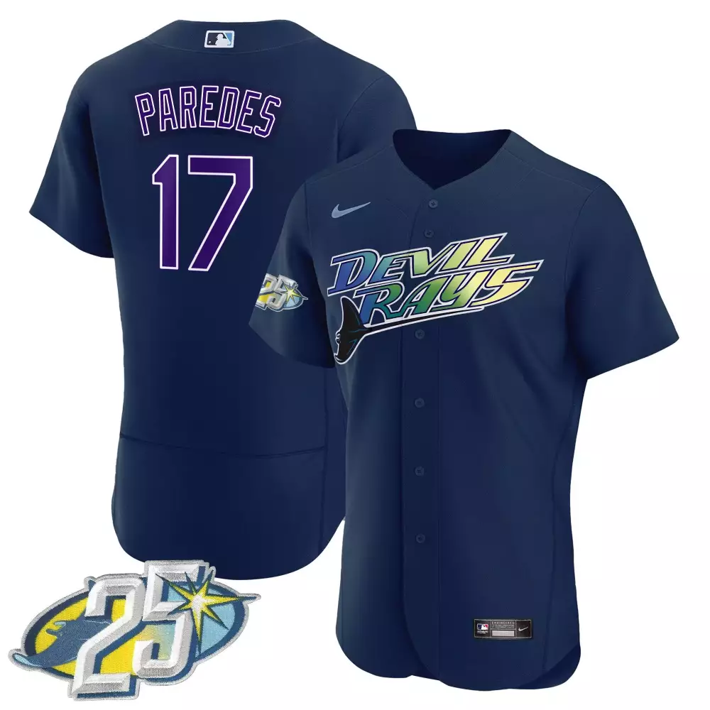 isaac paredes navy mens tampa bay rays 25th anniversary patch flex base jersey all stitched