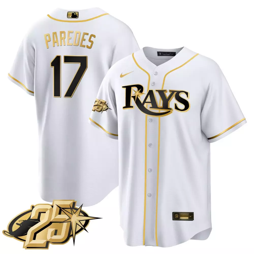 isaac paredes white gold mens tampa bay rays 25th anniversary patch cool base v2 jersey all stitched
