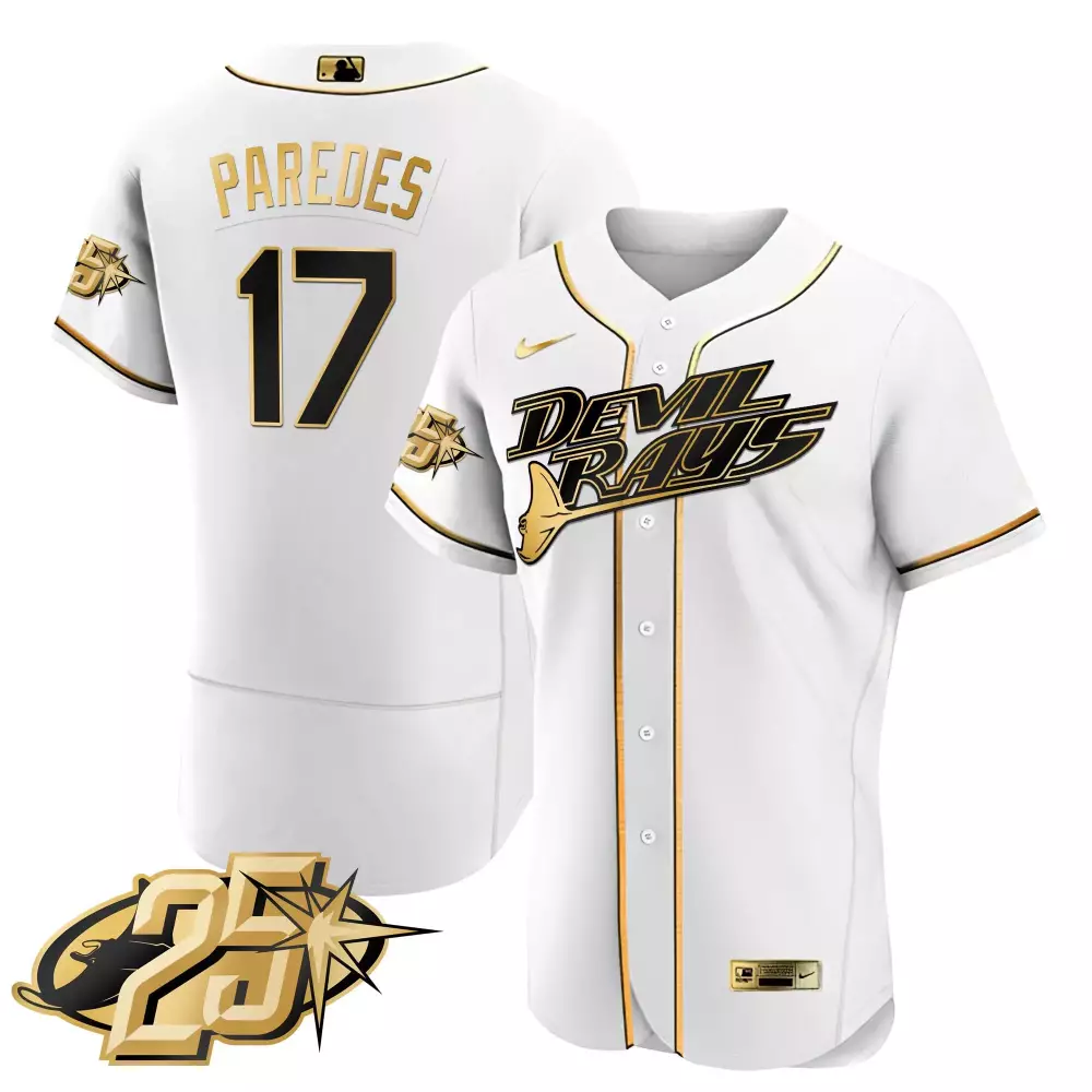 isaac paredes white gold mens tampa bay rays 25th anniversary patch cool base v2 jersey all stitched