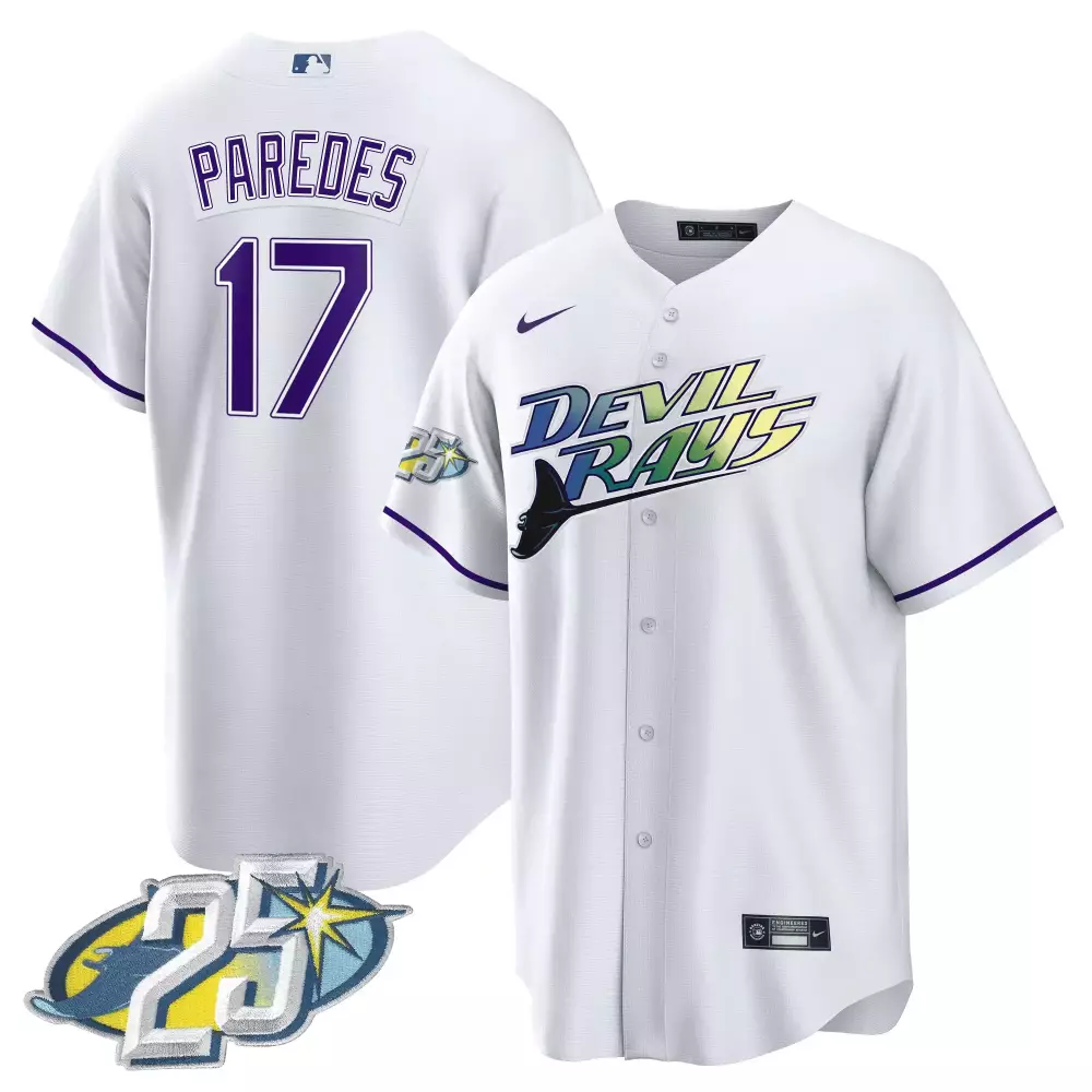 isaac paredes white gold mens tampa bay rays 25th anniversary patch cool base v2 jersey all stitched
