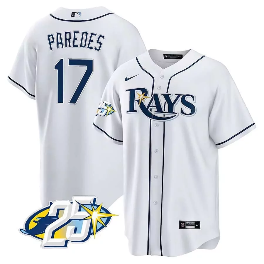 isaac paredes white gold mens tampa bay rays 25th anniversary patch cool base v2 jersey all stitched